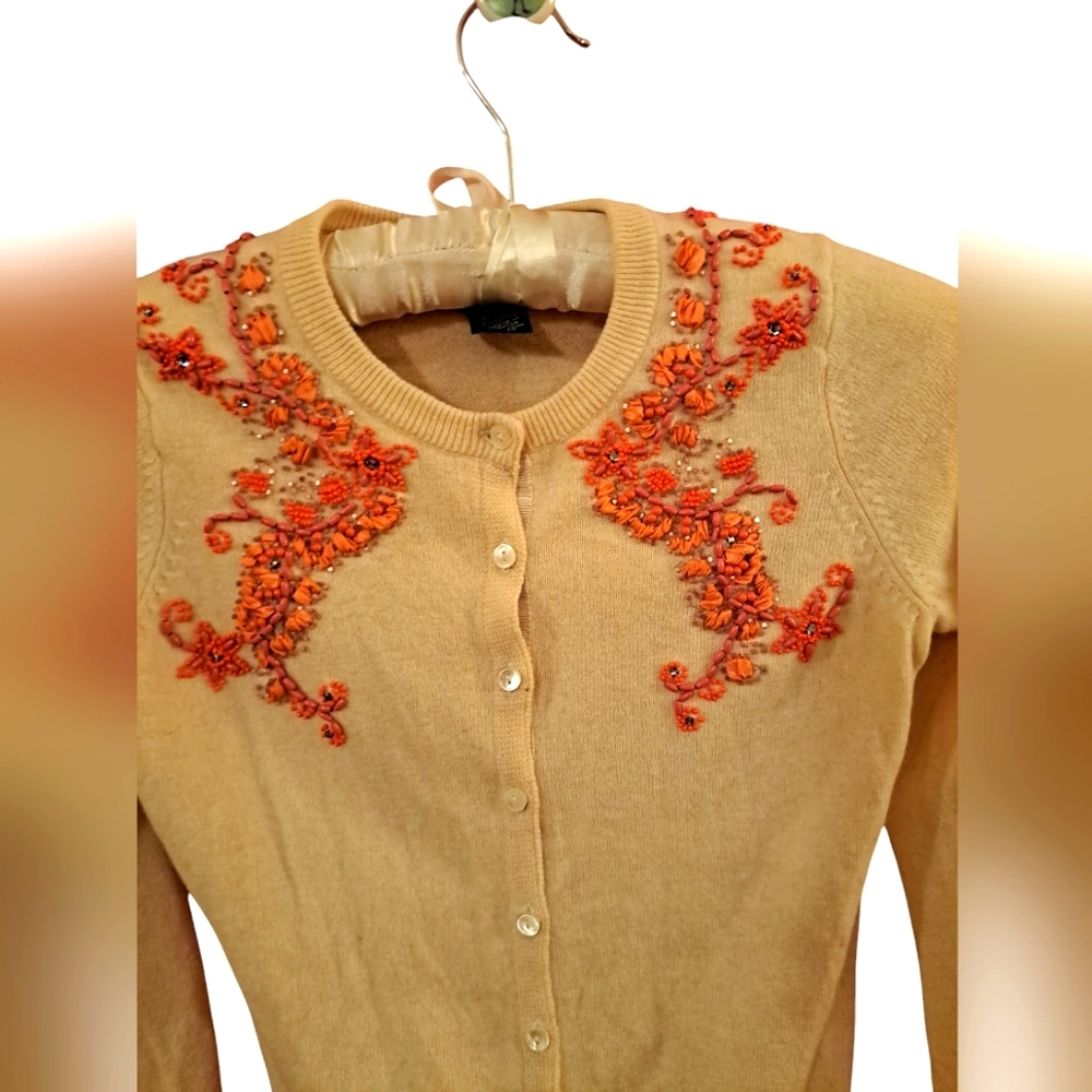 Lucky Brand XS cream beaded wool cotton vintage style retro cardigan